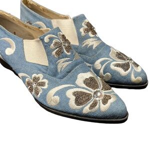 Vintage Beverly Feldman floral embroidered denim bootie style slip on shoes